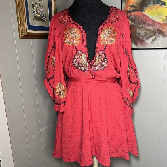 Free People Cora Coral Red Embroidered flutter sleeve beach summer Dress Medium - Picture 1 of 7